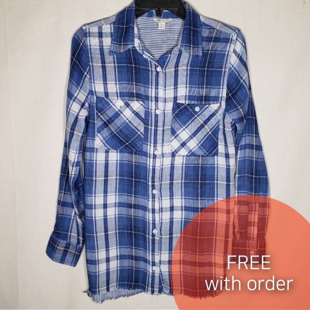 Blue plaid distressed raw hem button down
